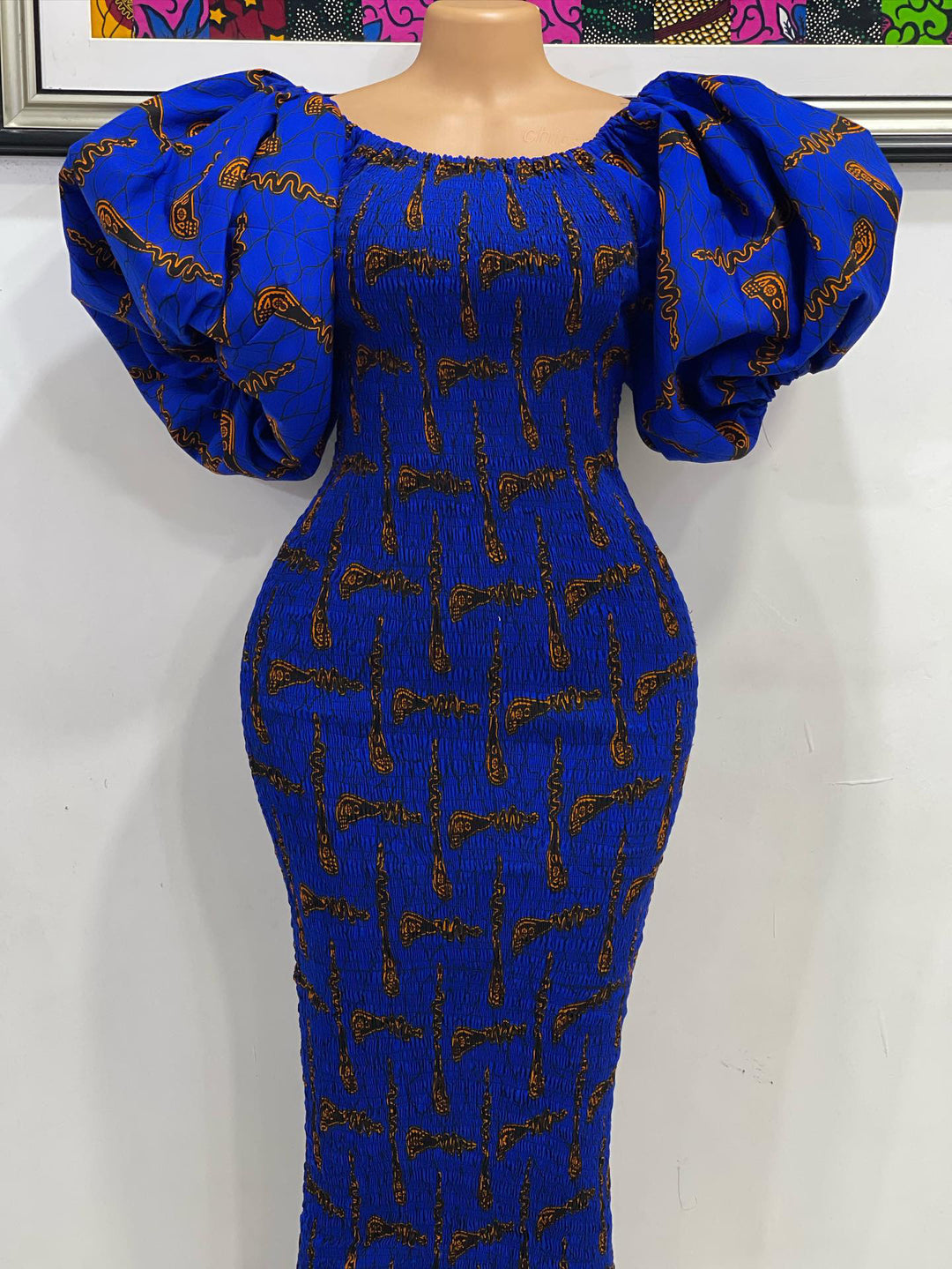 African print stretchy puff sleeve bodycon dress.