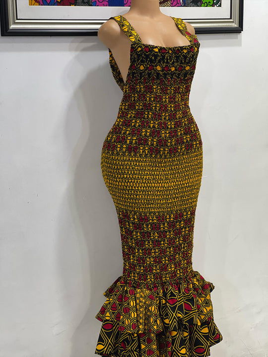 African print smoked body-con dress.