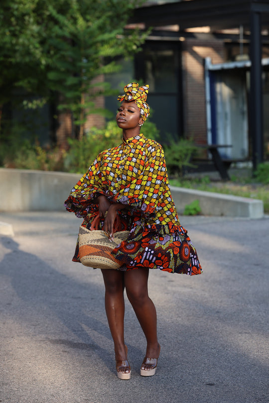 African print short A line flare dress with pockets.