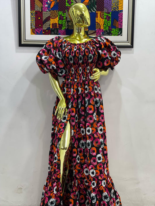 African print stretchy puffy sleeves long maxi dress.