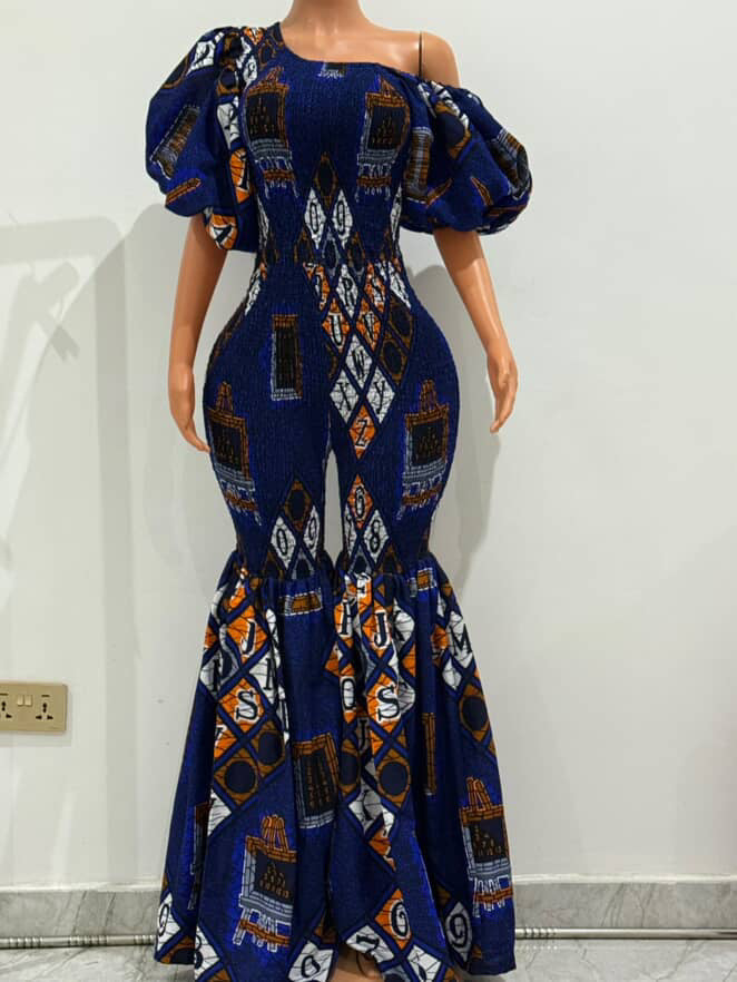 Off Shoulder African Print Stretchy Bell Bottom Jumpsuit.