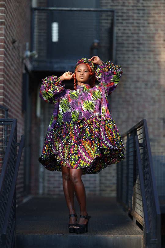 African print short A line flare dress with pockets.