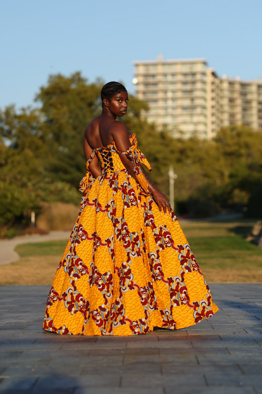 African print corset long maxi dress with tie on sleeves.