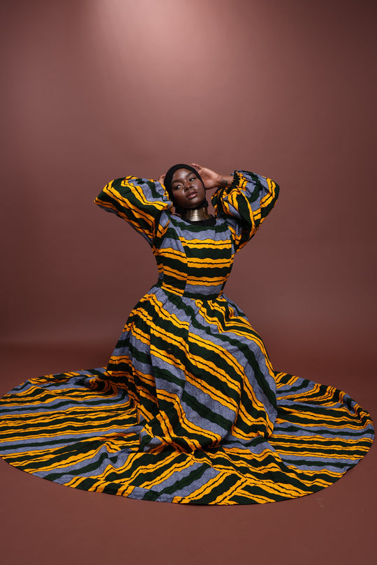 African print long maxi dress with puffy sleeves, Long African print dress.