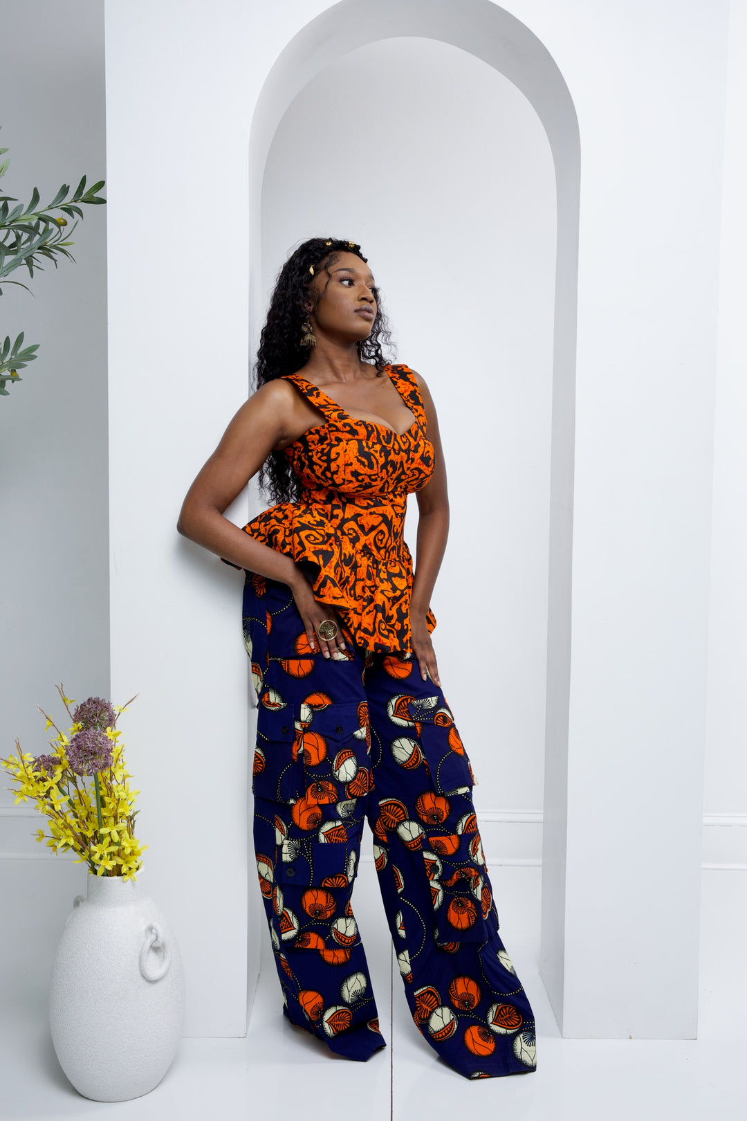 African print cargo pants with corset top. African print two pieces sets.