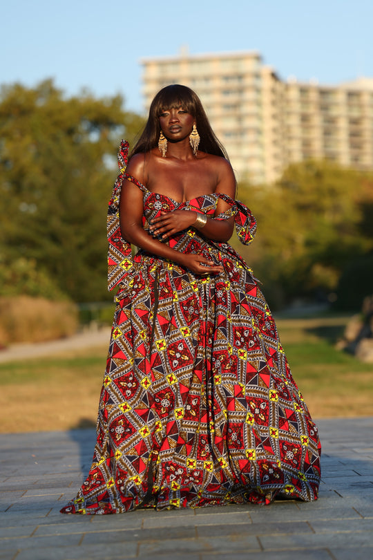 African print corset long maxi dress with tie on sleeves.