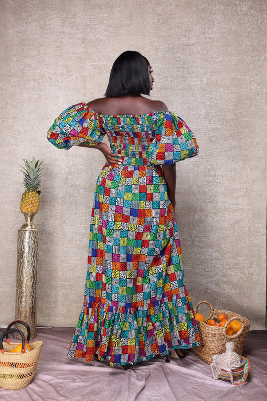 African print stretchy puffy sleeves long maxi dress.