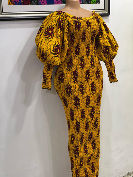 African print smoked puffy sleeves body-con dress.