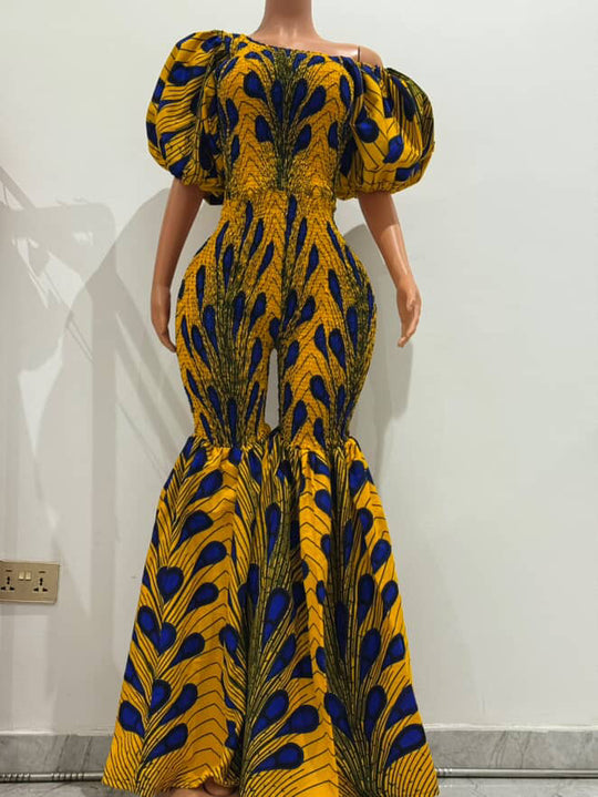 Off Shoulder African Print Stretchy Bell Bottom Jumpsuit.