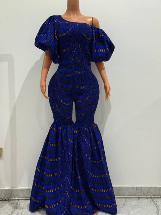 Off Shoulder African Print Stretchy Bell Bottom Jumpsuit.