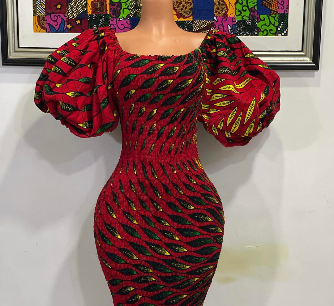 African print stretchy body-con dress with puffy sleeves.