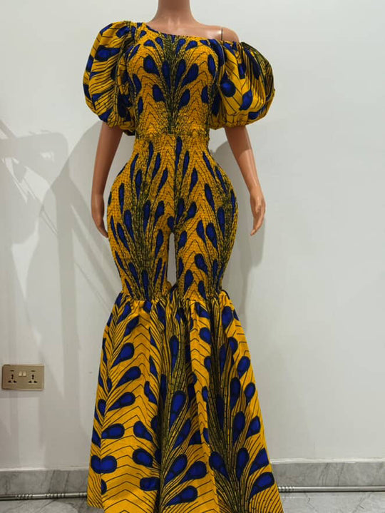Off Shoulder African Print Stretchy Bell Bottom Jumpsuit.