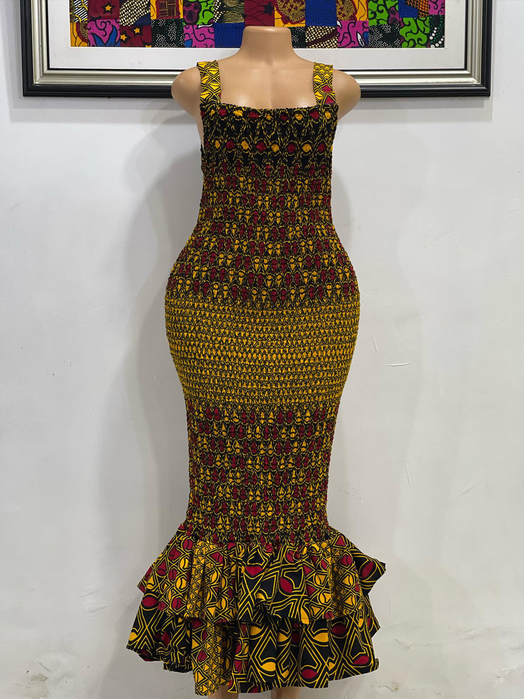 African print smoked body-con dress.