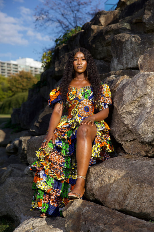 Niouma African print high waisted patches ruffled skirt set.