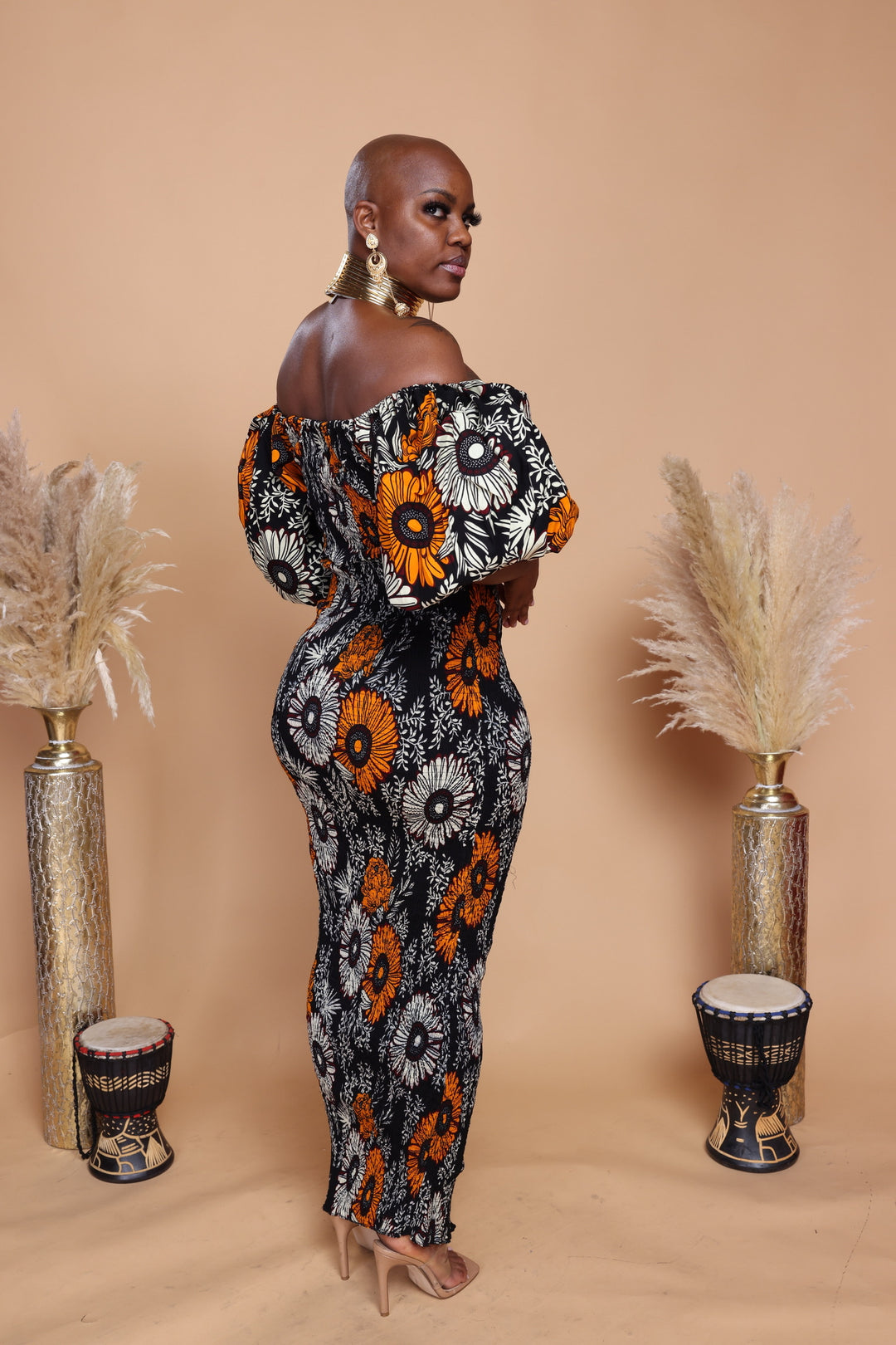 African print stretchy puff sleeve bodycon dress.