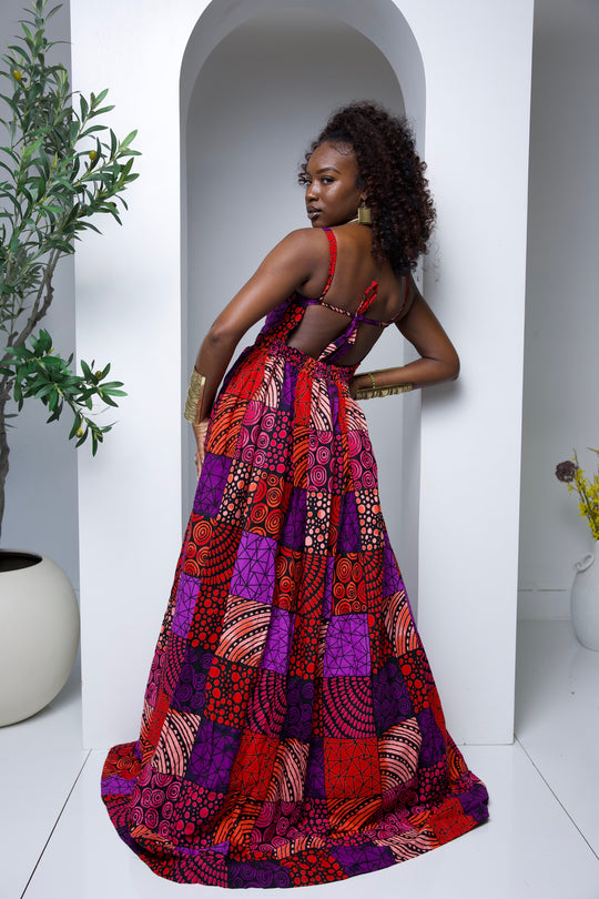 African print long maxi dress with open bareback.