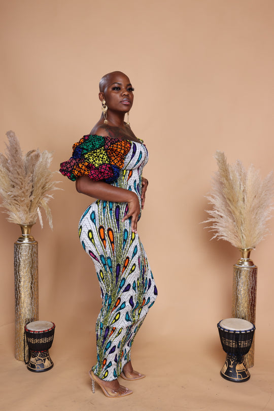 African print smoked puffy sleeves body-con dress.