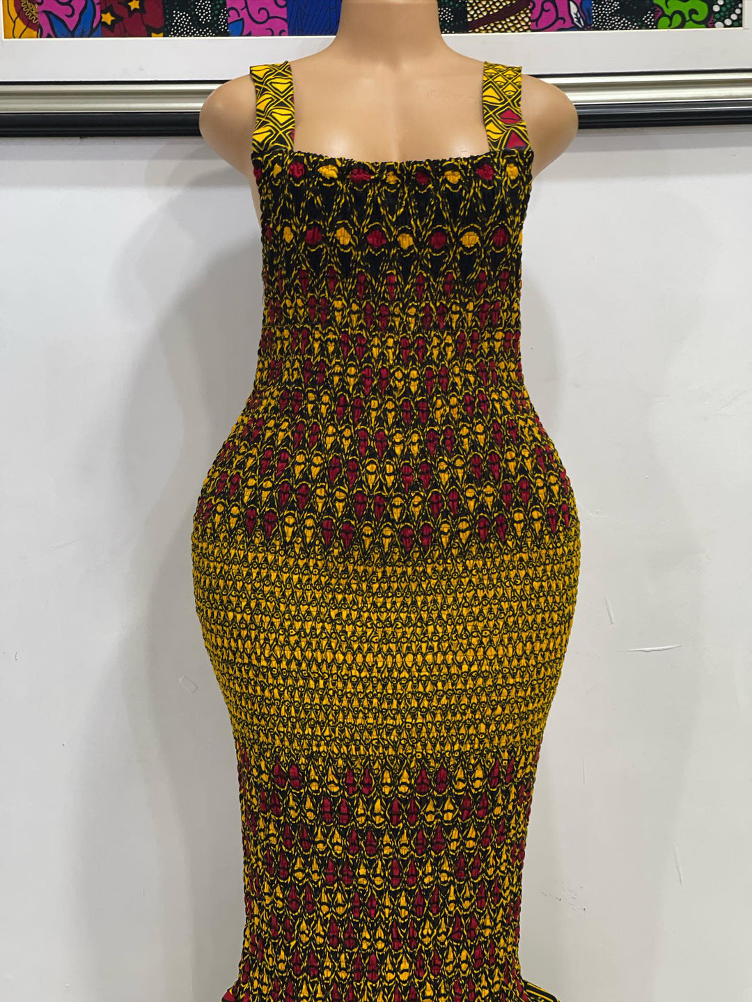 African print smoked body-con dress.