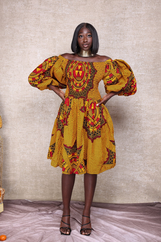 African print stretchy puffy sleeve short maxi dress.