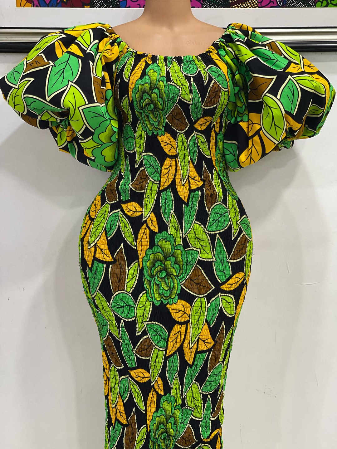 African print stretchy puff sleeve bodycon dress.