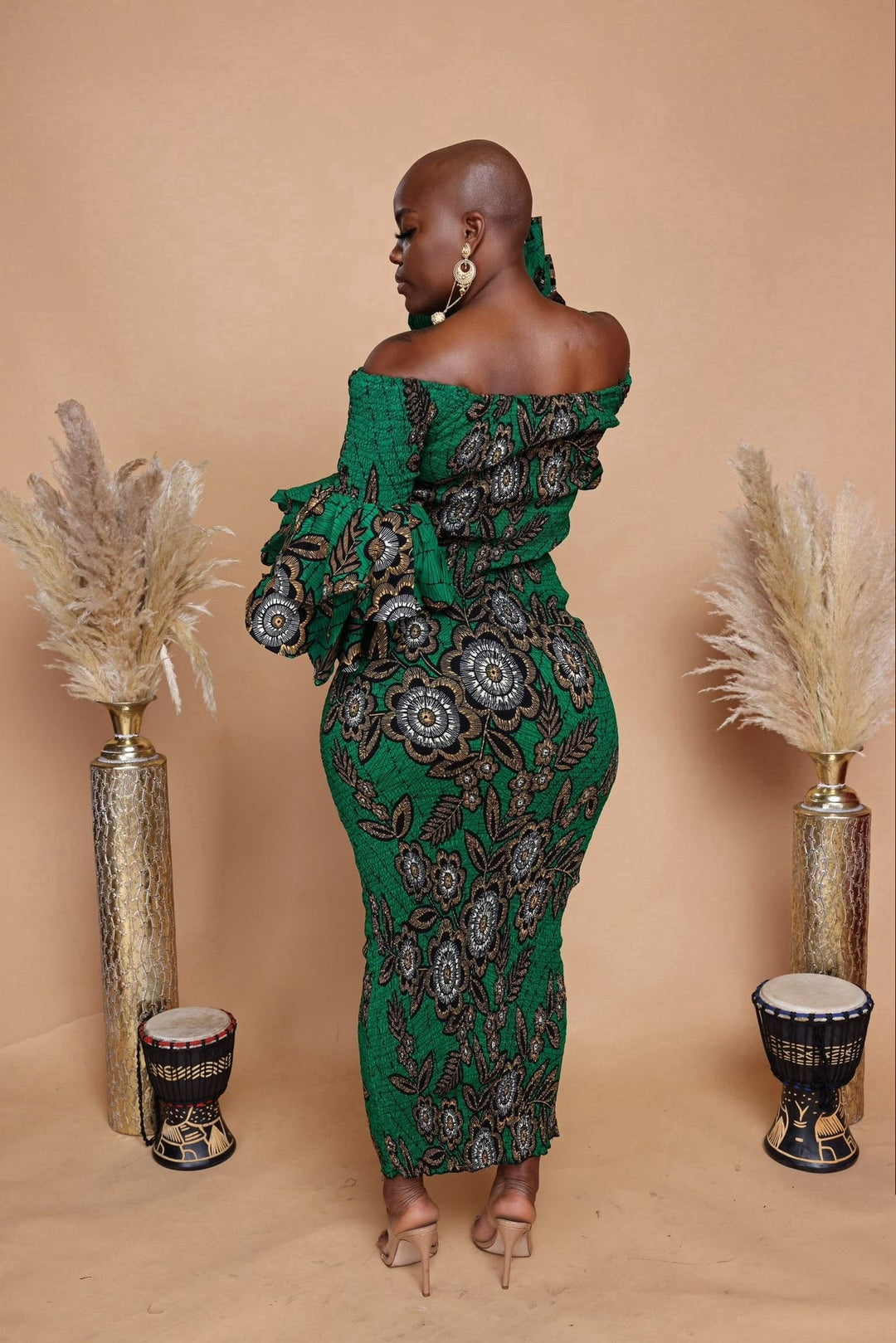 African print smoked puff sleeves body-con dress.