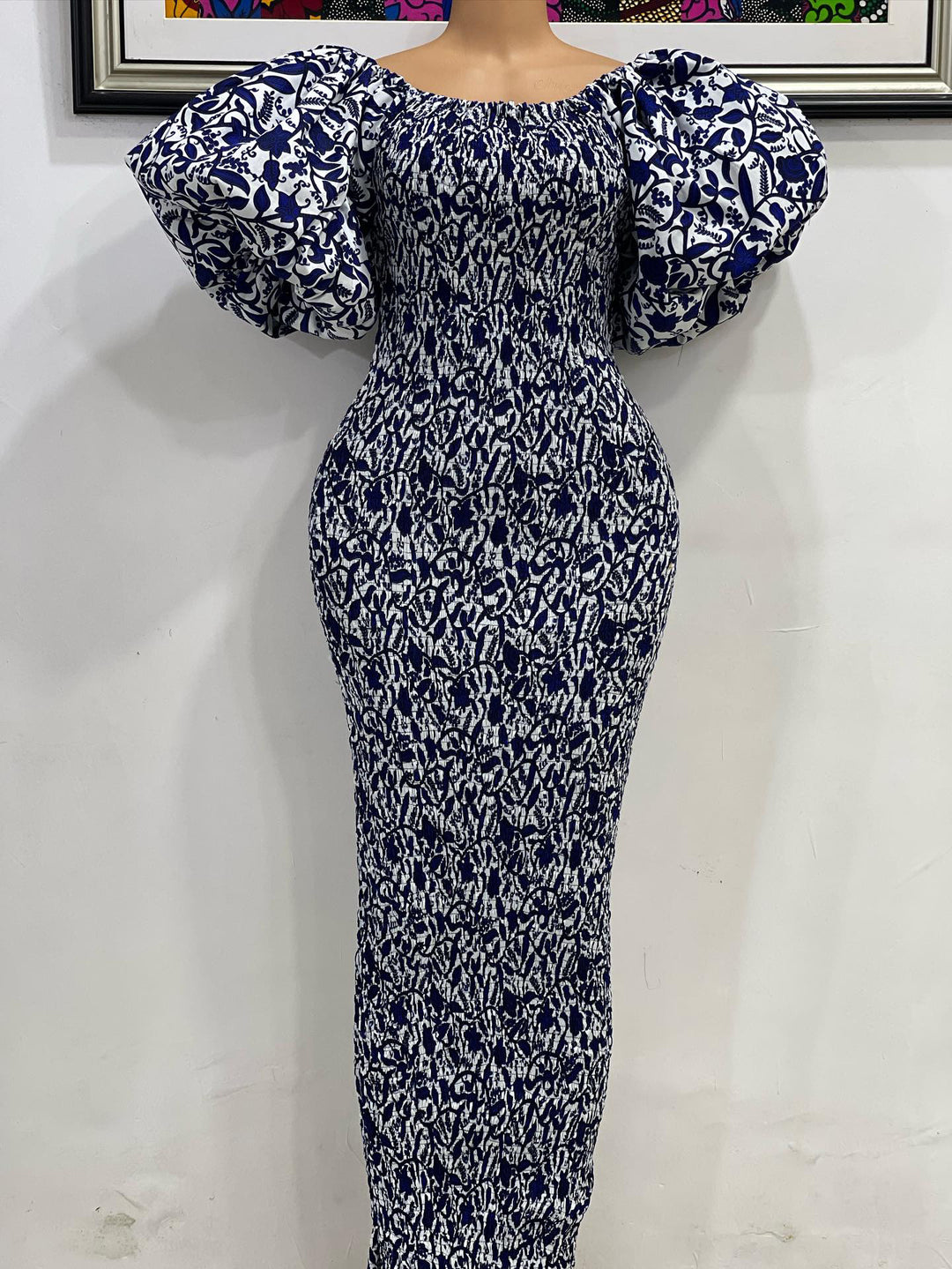 African print stretchy puff sleeve bodycon dress.