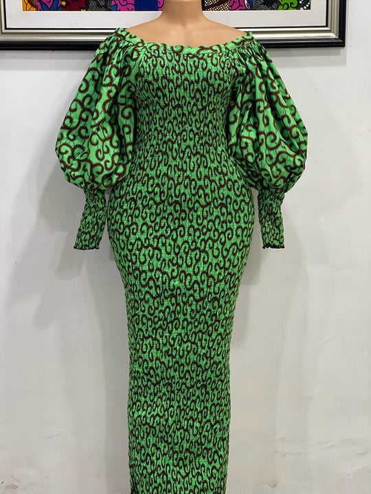 African print smoked puffy sleeves long bodycon dress.