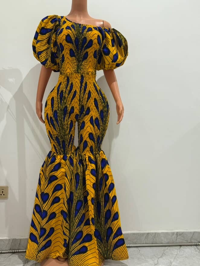 Off Shoulder African Print Stretchy Bell Bottom Jumpsuit.