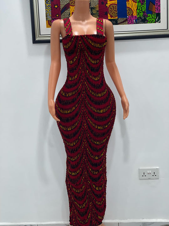 African print smokes spaghetti sleeve body-con dress.