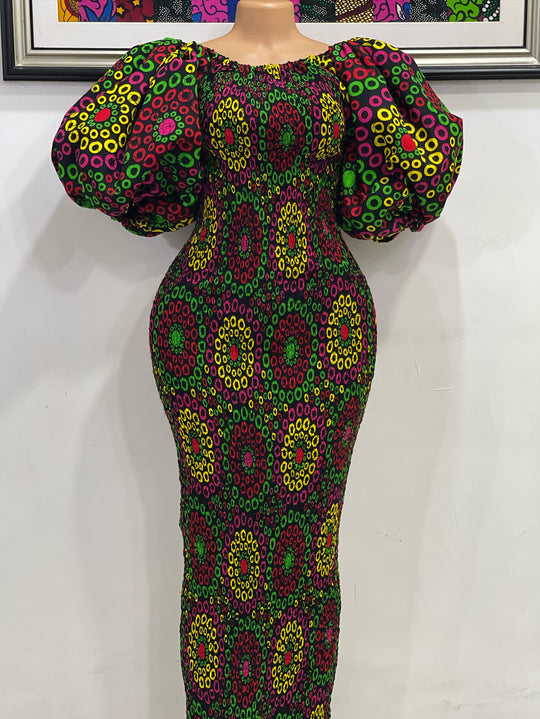 African print stretchy puff sleeves bodycon dress.