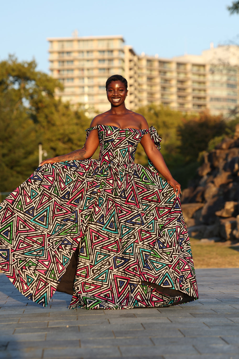 African print corset long maxi dress with tie on sleeves.