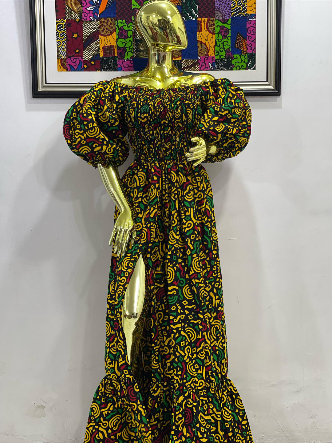 African print stretchy puffy sleeves long maxi dress.