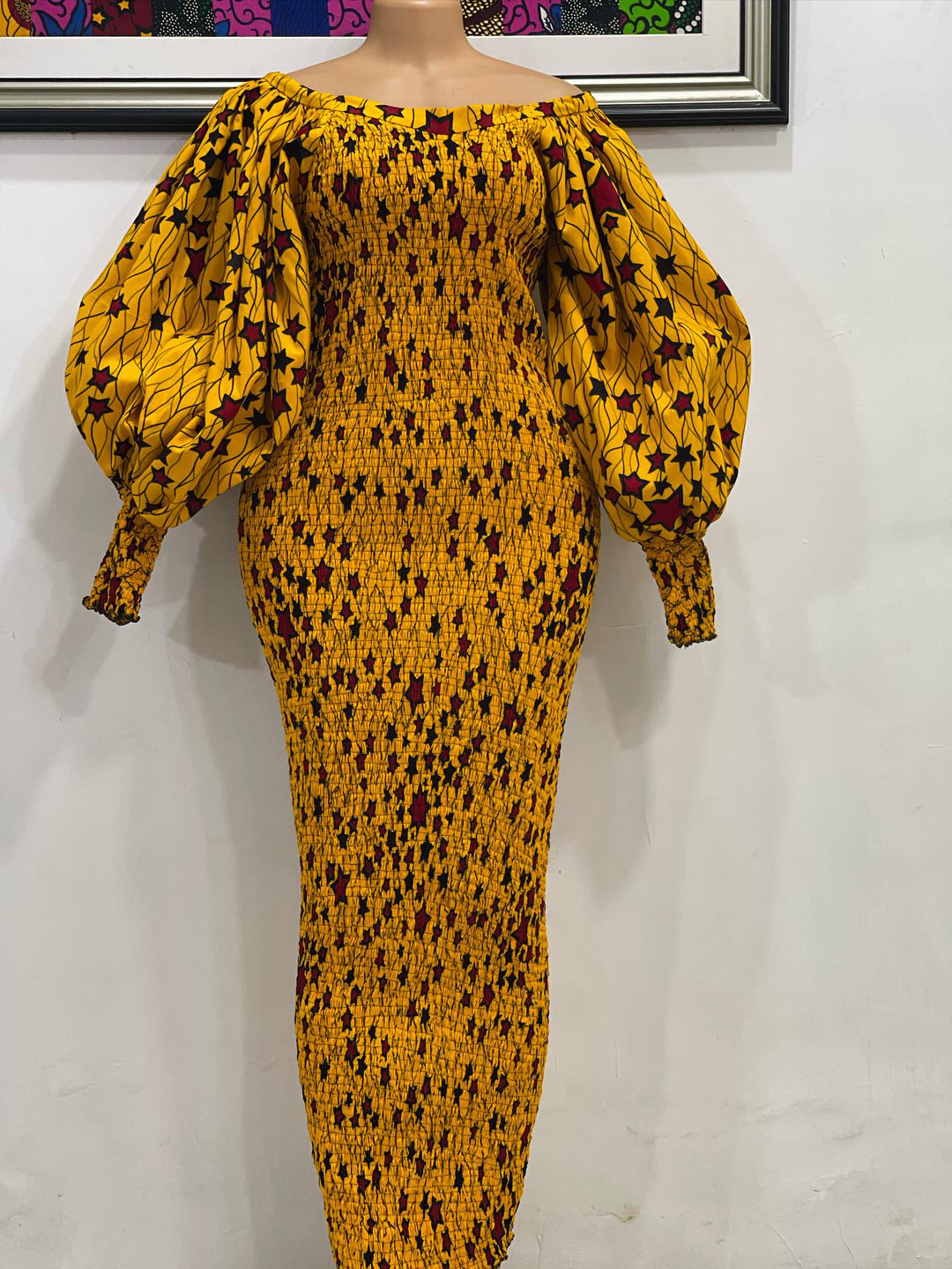 African print smoked puffy sleeves long body-con dress.🔥