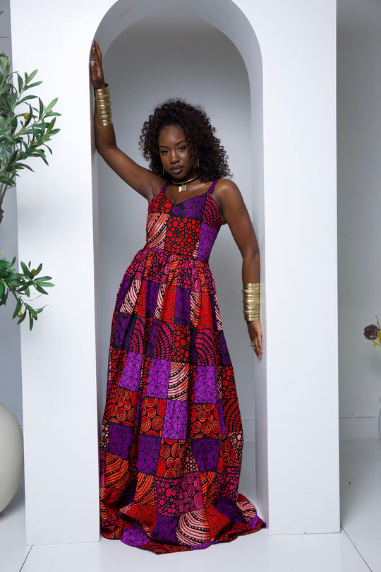 African print long maxi dress with open bareback.