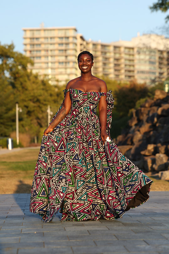 African print corset long maxi dress with tie on sleeves.