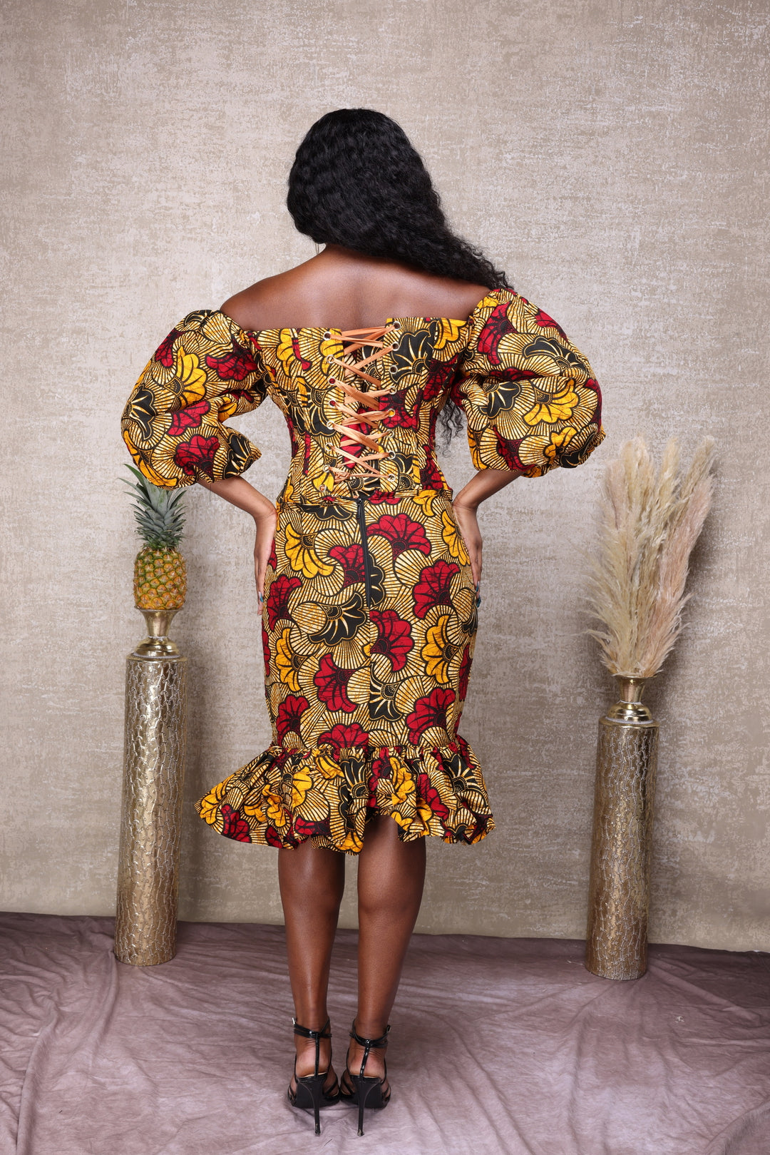 African print short corset dress.