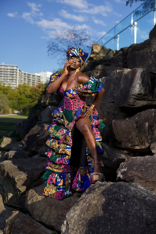 Niouma African print high waisted patches ruffled skirt set.