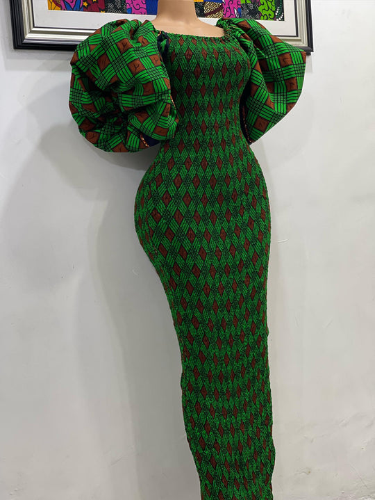 African print stretchy puff sleeve bodycon dress.