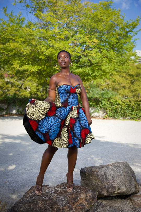 African print short corset dress with pockets.