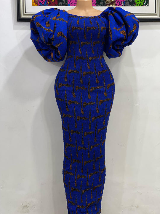 African print stretchy puff sleeve bodycon dress.