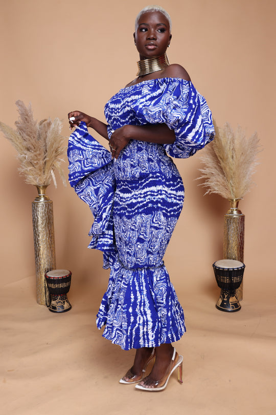 African print smoked puffy sleeves body-con dress.