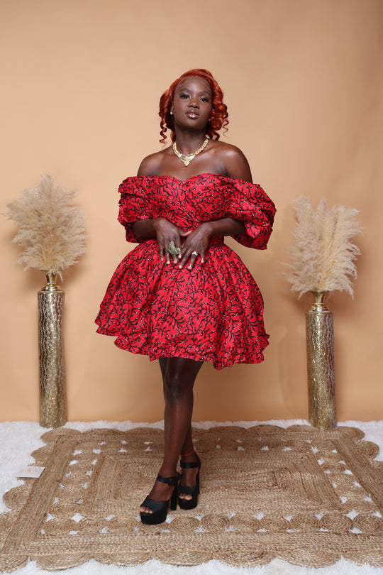 Ada Africa print off shoulder short corset gown.