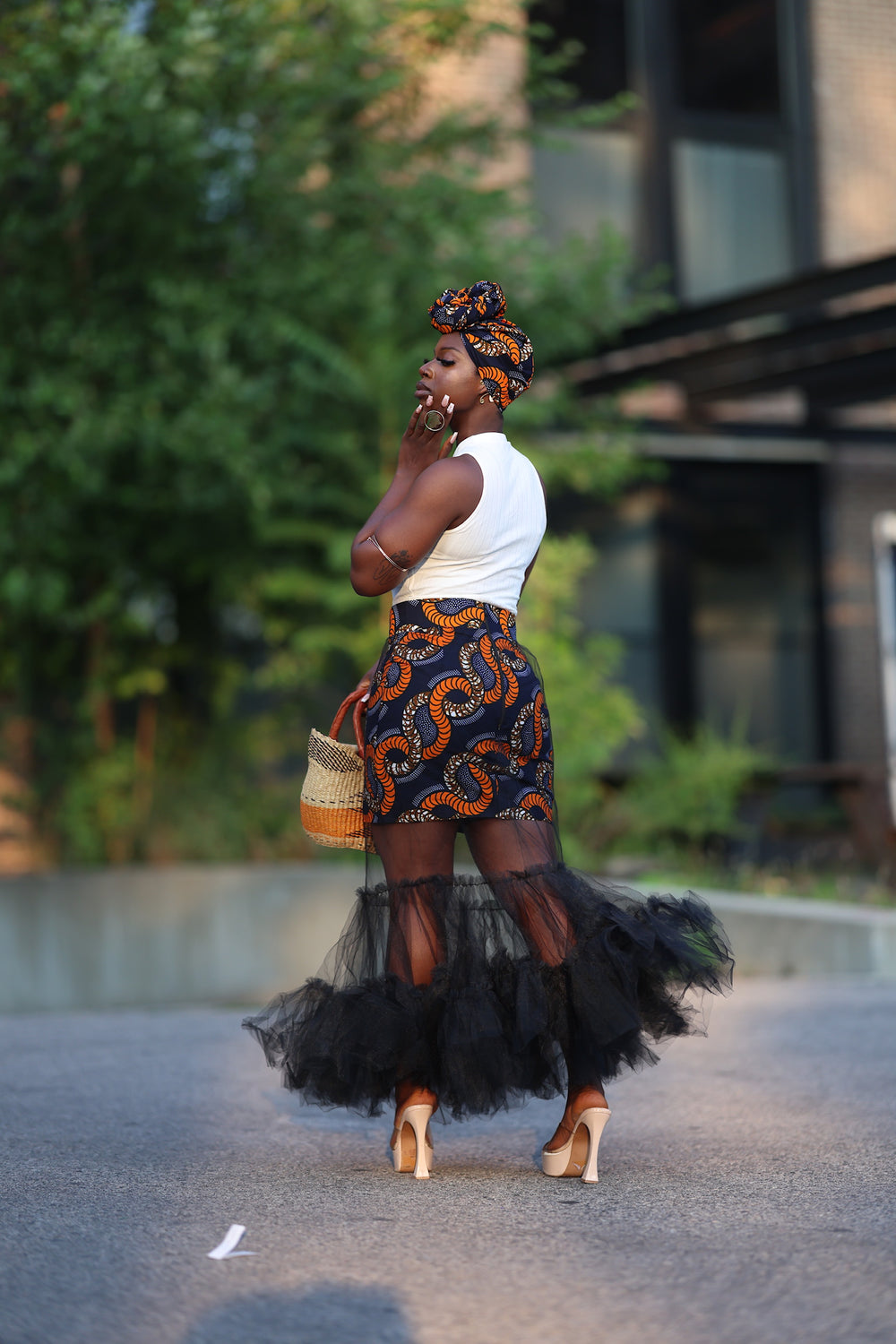 African print skirt with tulle and matching headwrap.