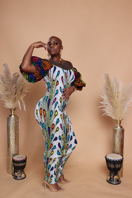 African print smoked puffy sleeves body-con dress.