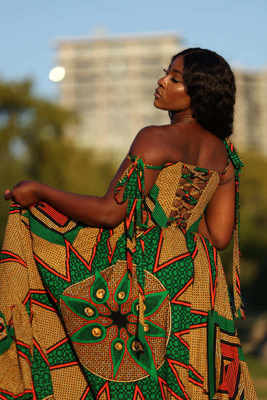 African print corset long maxi dress with tie on spaghetti sleeves.