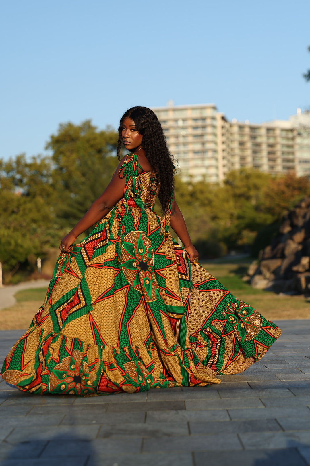 African print corset long maxi dress with tie on spaghetti sleeves.