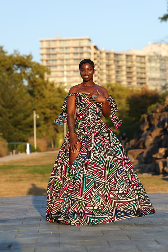 African print corset long maxi dress with tie on sleeves.