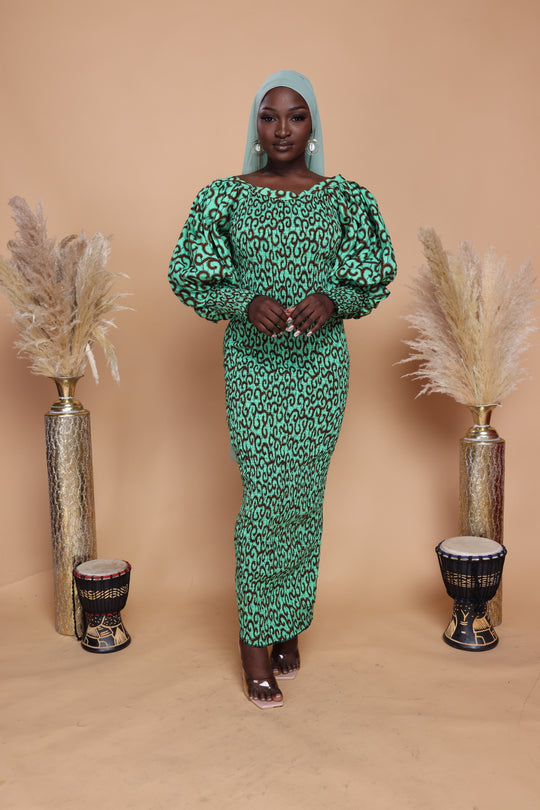 African print smoked puffy sleeves long bodycon dress.