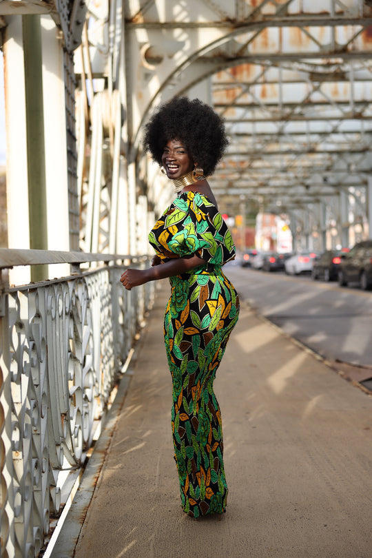 African print stretchy puff sleeve bodycon dress.