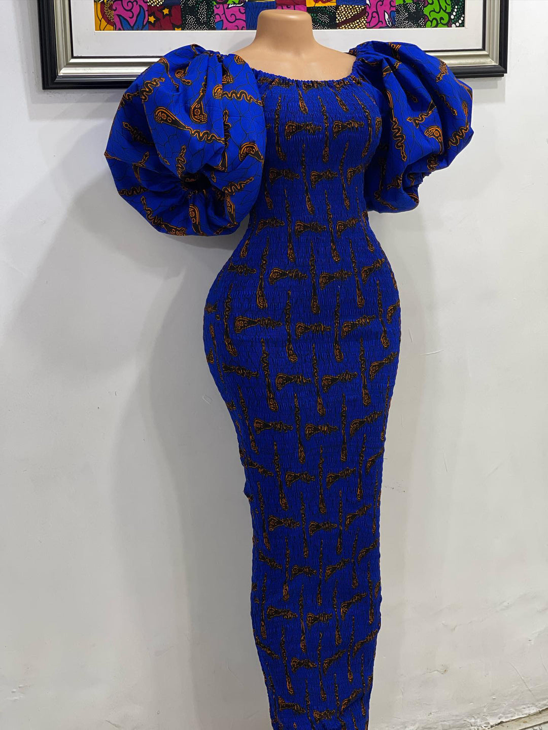 African print stretchy puff sleeve bodycon dress.